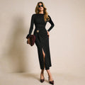 Amazon fashion style retro metal buckle waist slimming look side slit long sleeves black spring & fallnew arrivaldress for women