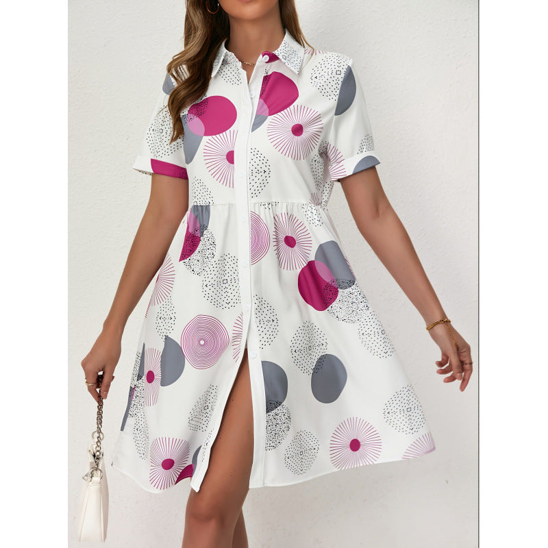Shipped: cross-border, hot-selling european and american style printed shirt dress. fashionable, loose-fitting, mid-length short-sleeved dress