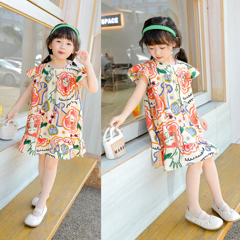 Ojitu all-cotton a-line dress - spring collection for girls (toddler & little kids) - lace sleeve, cartoon print, children's dress