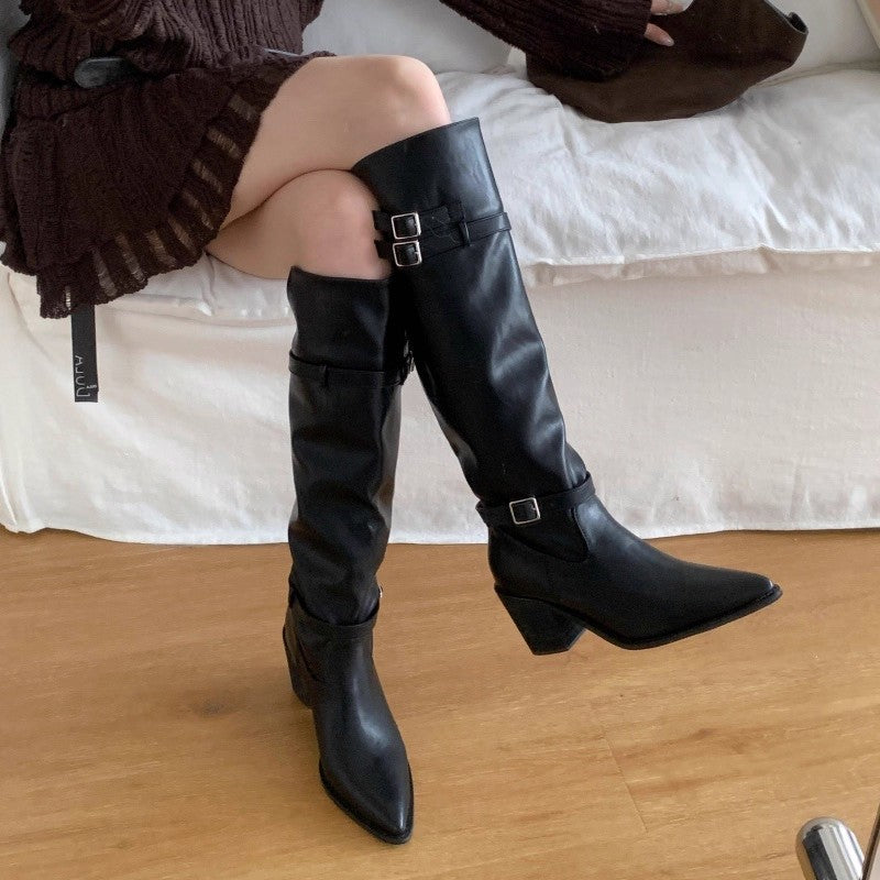 Stacked boots belt buckle thin boots cowhide pointed toe low heel retro western cowboy boots knight boots fall and winter long boots
