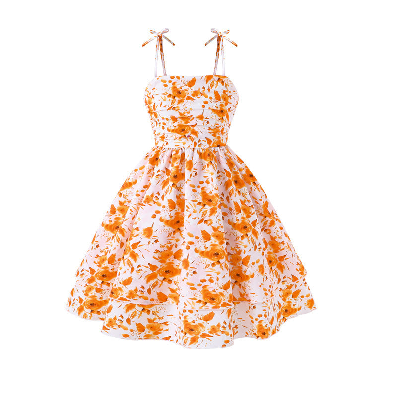 Amazon bestseller: girls' dress -  spring/summer new arrival - trendy floral print, slim fit, cinched waist, bow detail, spaghetti strap dress