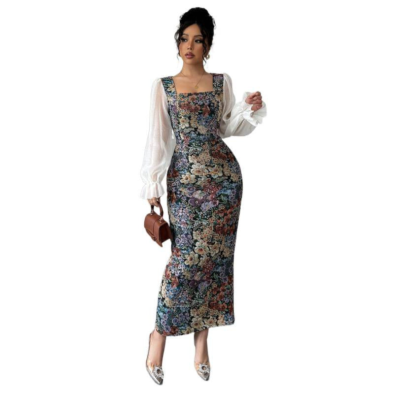 Aliexpress 1688 independent station women's oil canvas patchwork chiffon square neck elegancedress