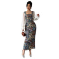 Aliexpress 1688 independent station women's oil canvas patchwork chiffon square neck elegancedress