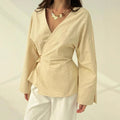 summer new arrival: solid color v-neck long sleeve tie-up top with elastic waist casual women's blouse for cross-border wholesale