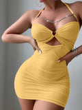 e-commerce  lingerie: sexy, alluring mesh heart-patterned camisole mini dress with chain detail, suitable for loungewear
