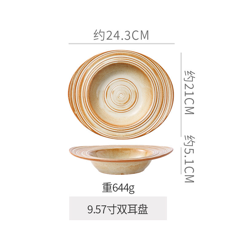 Retro stoneware ceramic tableware restaurant hotel stylish thread western food steak plate for home high-looking deep plate soup plate