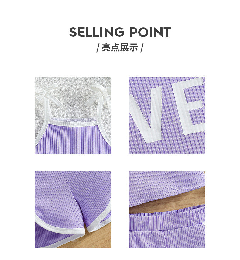 Summer kids' tank top set - vertical striped purple letter print sporty style - girls' solid color shorts two-piece outfit