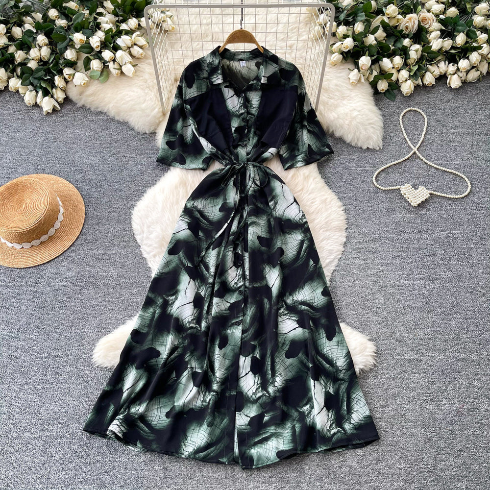 Frenchclassy sense of strap waist printingdress female k-style short-sleeved work clothingv neck a-line elegant long skirt