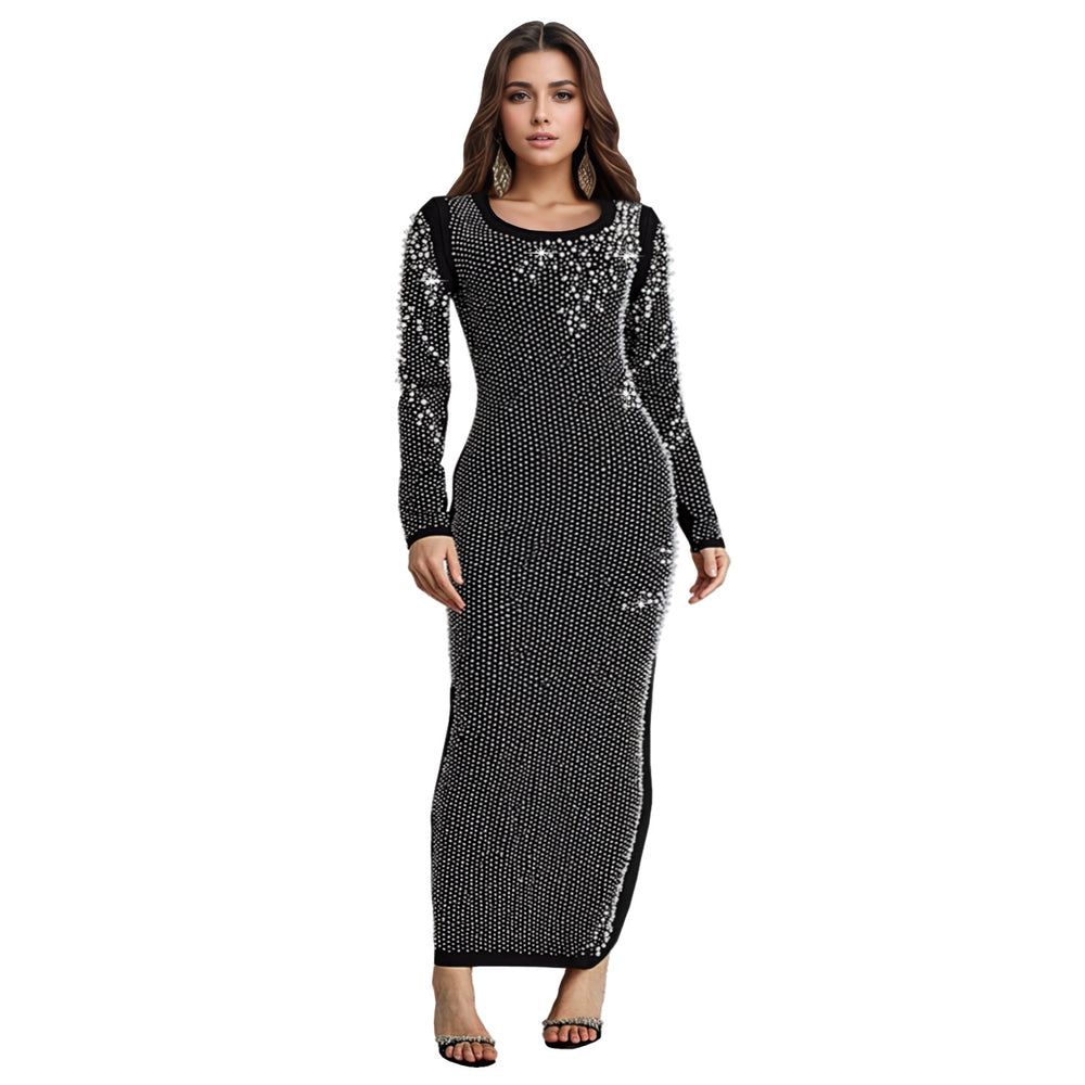 C7417 cross-border   fashion women's sleeveless bodycon rhinestone beaded elegant dress