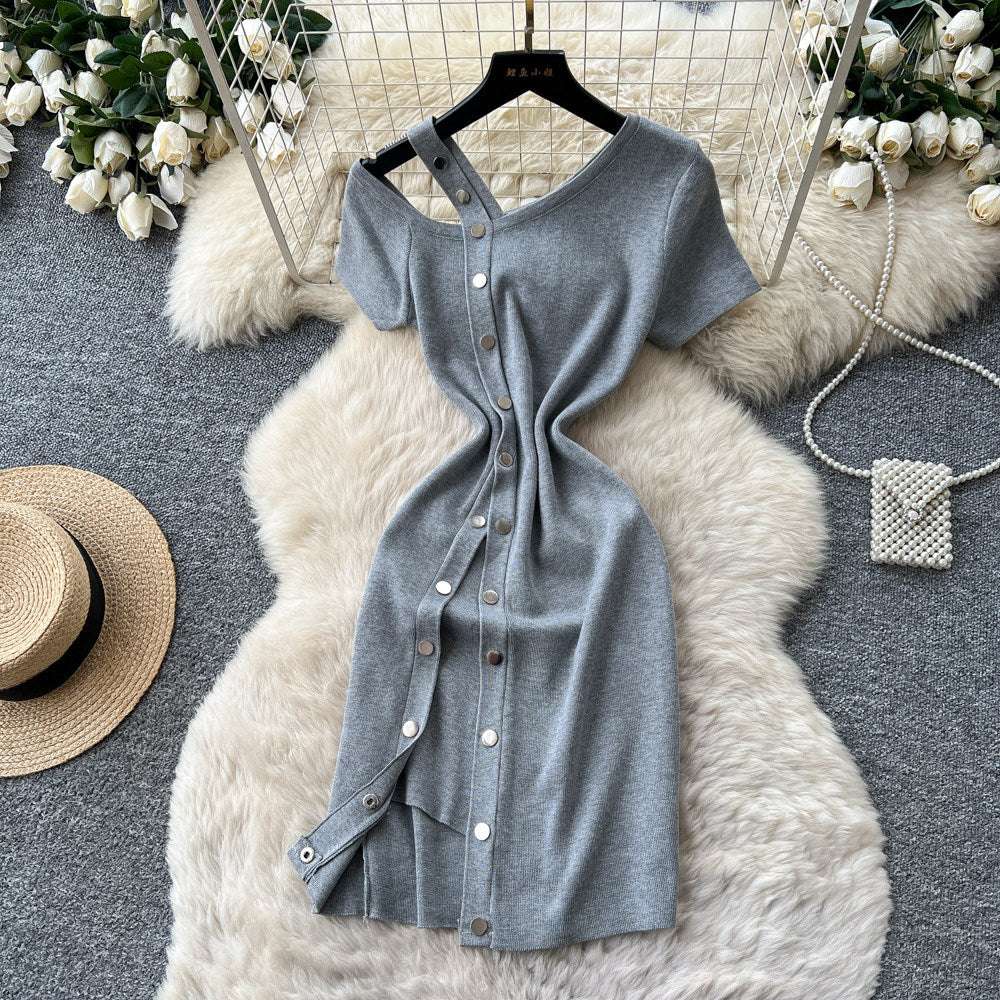 K-stylesexyv neck short-sleeved metal button knittingdress women's summer oblique shoulder slimming look silmelegant hip skirt