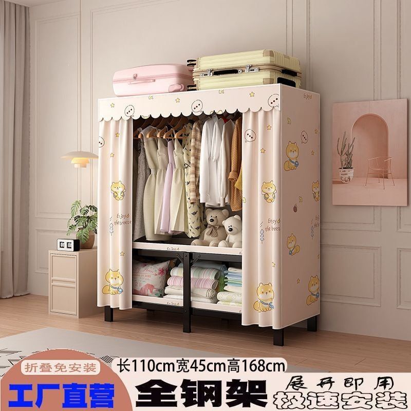 Foldable wardrobe - no assembly required, easy home use, bedroom steel frame, reinforced steel pipes, thickened, durable clothes rack for rental properties