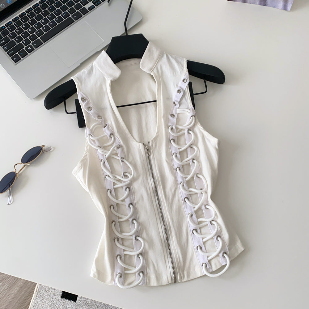 French chic ruffle trim top - women's designer sleeveless chiffon blouse with exquisite rhinestone embellishments and halter neck detail. a unique and elegant piece