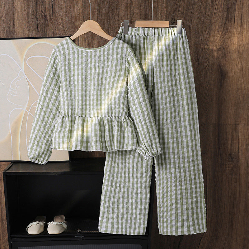 big kids' girls'  autumn new plaid loose-fit ruffle-trim long-sleeve top and wide-leg pants two-piece set