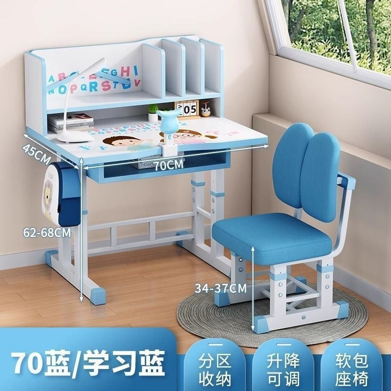 Student home desk set - kids' study table with bookshelf, adjustable height, storage, and chair combination