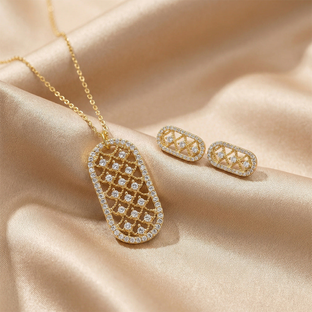 Personalized new copper inlaid zirconium full diamond geometric necklace for women classy sense of light luxury fashion non-fading best selling earring set