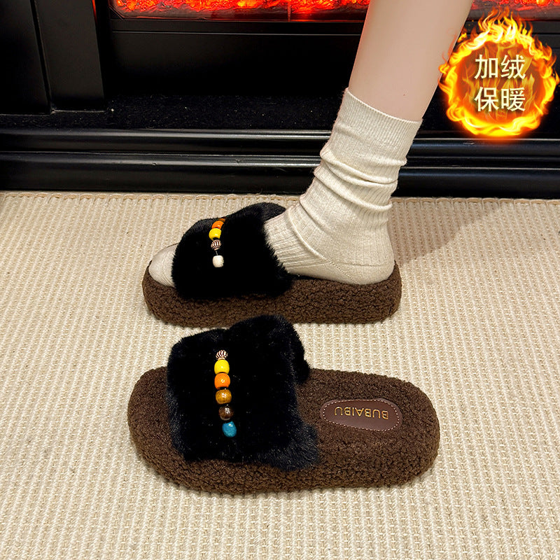 Ethnic style beaded platform fuzzy slippers - women's autumn/winter comfortable non-slip suede thong sandals - lightweight fluffy slippers