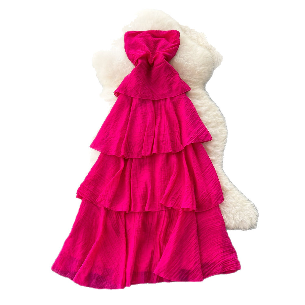 Sleeveless bandeau dress women's summer french style cinched waist slimming elegant vacation style long dress fairy cake dress