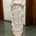 European and american cross-border women's fashion:  autumn/winter new arrival - elegant off-the-shoulder printed ruffle trim slimming dress