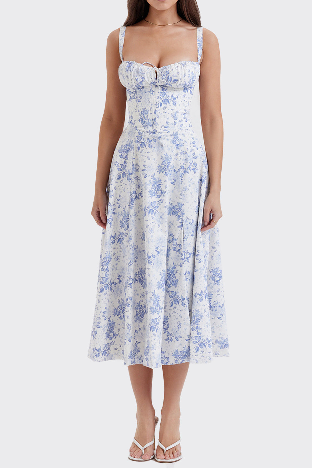 cross-border e-commerce women's fashion: european and american summer new arrivals - french chic floral print spaghetti strap slit dress