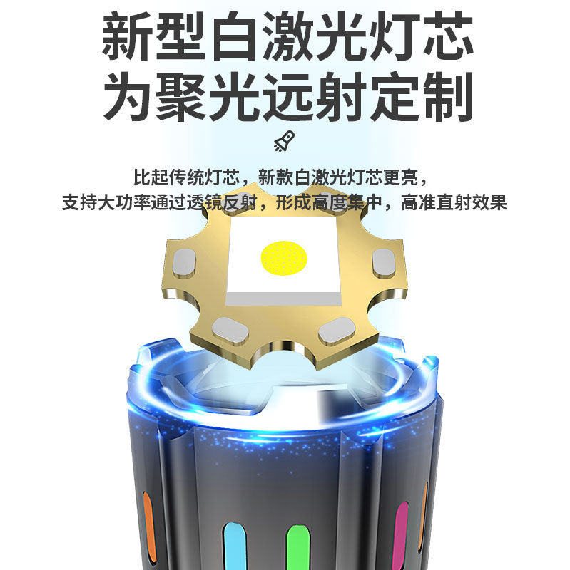 Explosive white laser aluminum alloy flashlight fluorescent strip zoom flashlight outdoor multi-speed dimming emergency flashlight