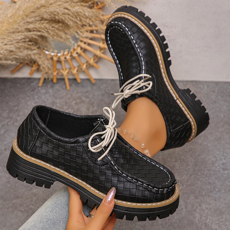 autumn women's casual leather loafers: comfortable round toe, chunky heel, retro style, soft leather, lace-up, platform sole