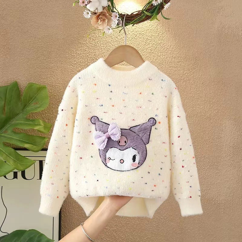 Girlsweater round neck knitting bottom shirt new arrival heartcolorfulsweetfleece-linedthickened children's sweater