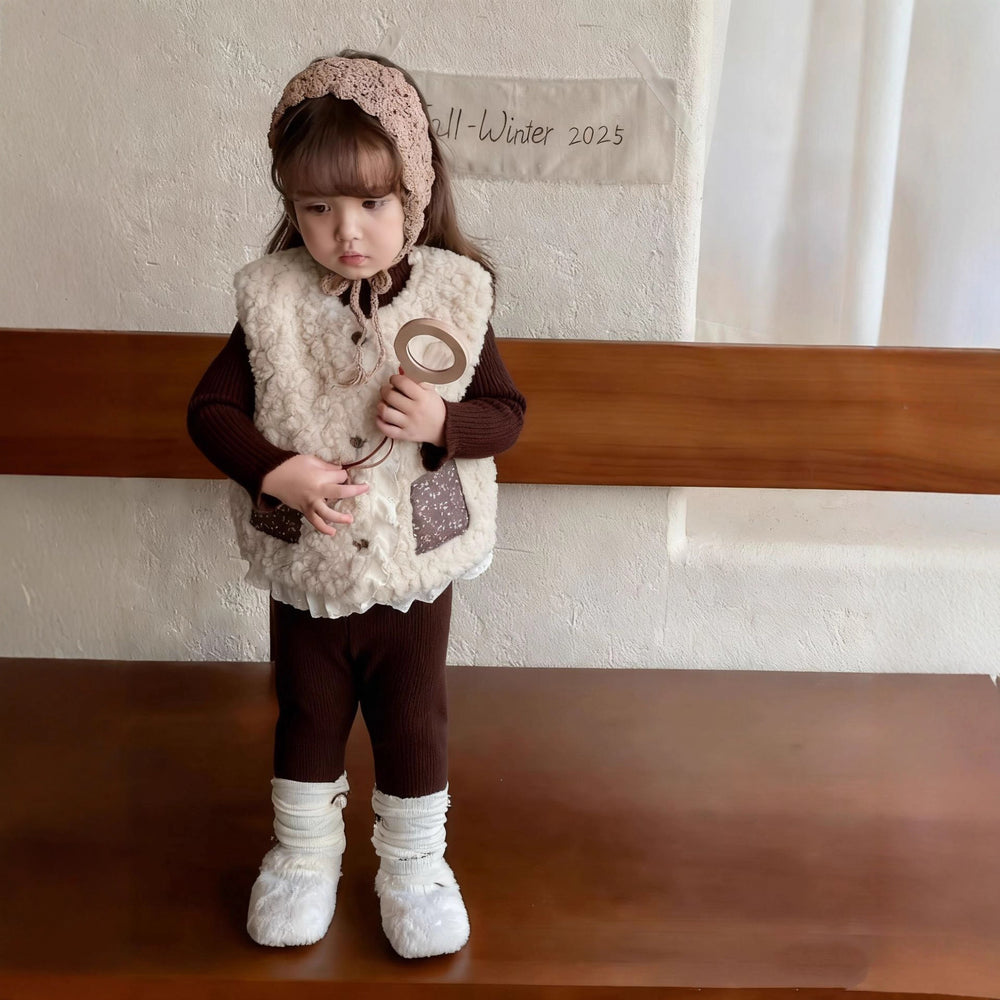 Girls' outfit  new fashionable warm fuzzy vest coffee-colored sweater slouch socks leggings three-piece set