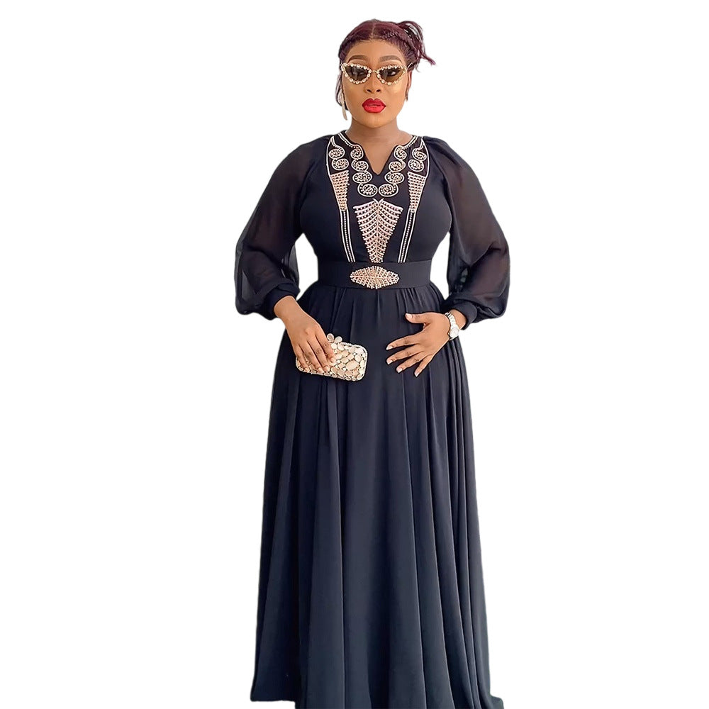 New long-sleeved african plus size women's dress - elegant & chic,  cross-border e-commerce, chiffon v-neck rhinestone embellished dress
