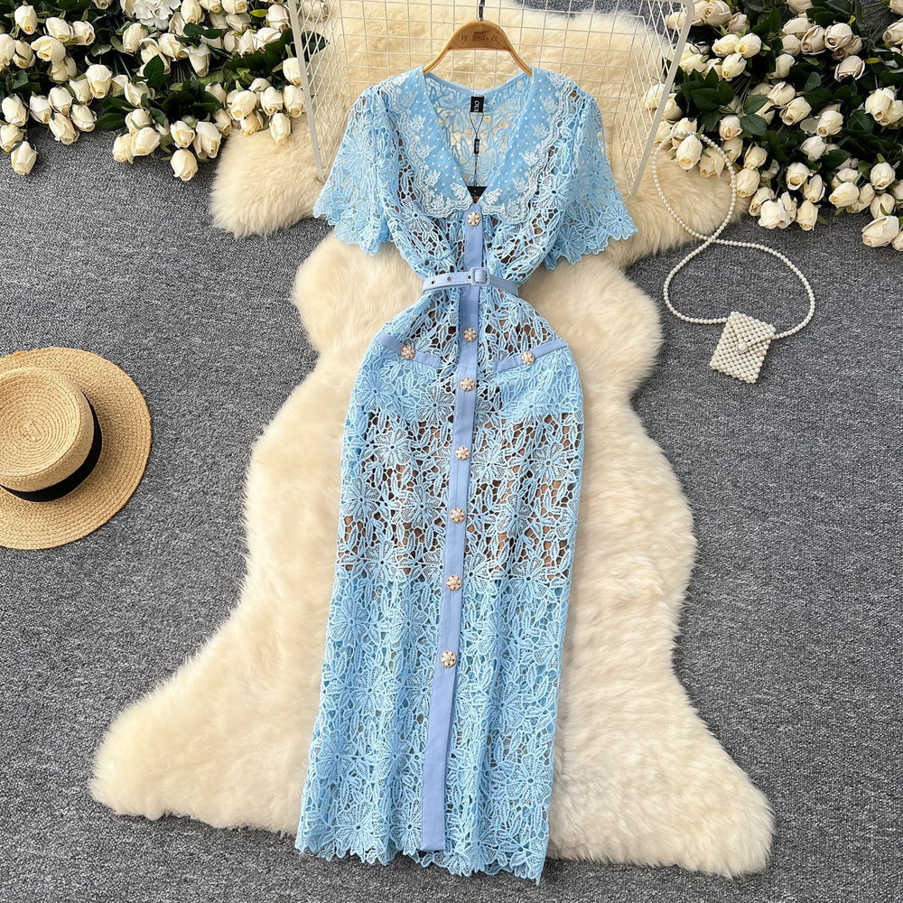 Elegant chanel-inspired summer dress for women - sweetheart style with peter pan collar, short sleeves, beaded single-breasted closure, slim fit, and lace crochet detailing