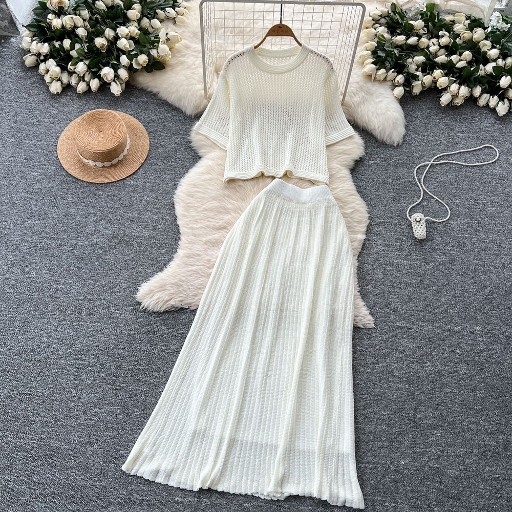 Summer outfit set for women: korean style, age-reducing, hollow-out short-sleeve knit top and high-waisted slimming midi skirt two-piece set