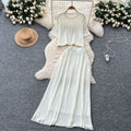 Summer outfit set for women: korean style, age-reducing, hollow-out short-sleeve knit top and high-waisted slimming midi skirt two-piece set