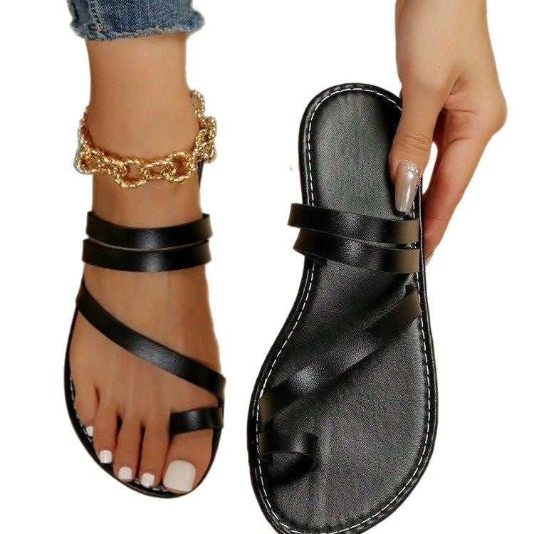 exclusive supply of plus-size women's slippers,  summer new style, solid color round toe, single-strap flat, outdoor casual sandals