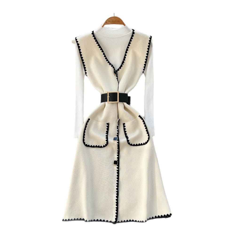 Xiaoxiangfengv neckknitting shirt vest dressfemaleautum waist slimming lookeleganttwo-piece setsuit skirt