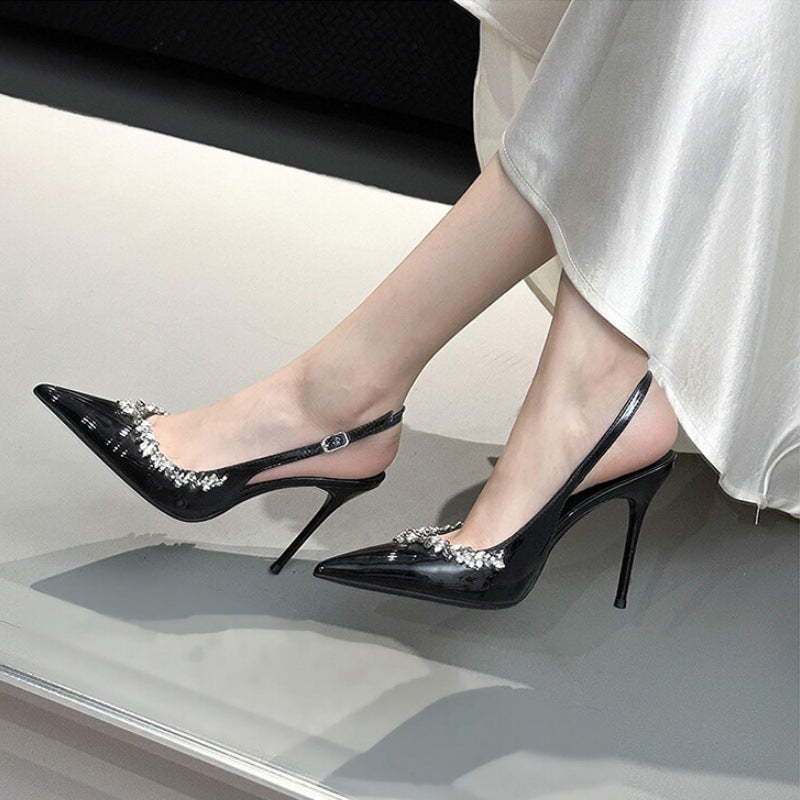 Wo chain rhinestone high heels women's stiletto pointed toe elegantfrenchflats one-piece patent leather toe sandals banquet