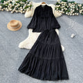 French chic outfit: women's vintage court style lace trimmed lantern sleeve single-breasted blouse with high-waisted flared midi skirt