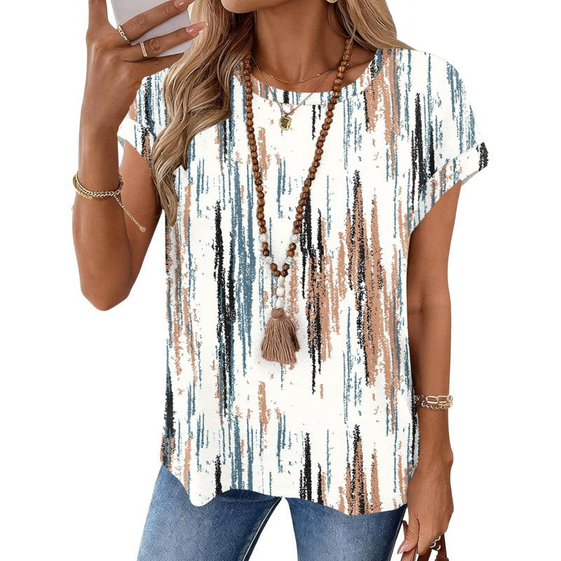 Amazon fashionelegance round neck short sleeve shirt women's  summer new casuallooseeleganttops