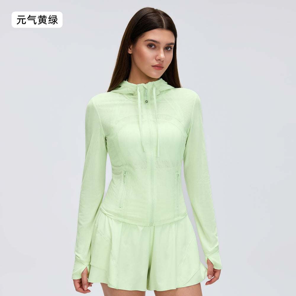 Breathable mesh hooded yoga jacket - women's slim fit, barely-there feel, zip-up running & workout jacket d26056