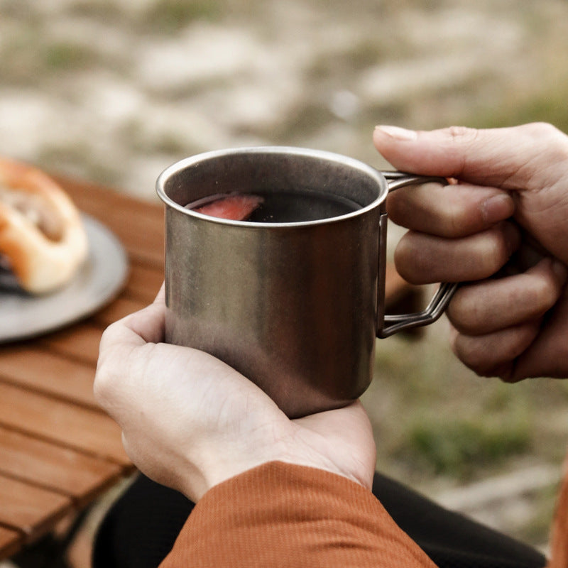 304 vintage distressed single-layer outdoor folding cup with handle - portable camping water cup, industrial style coffee mug, beer cup
