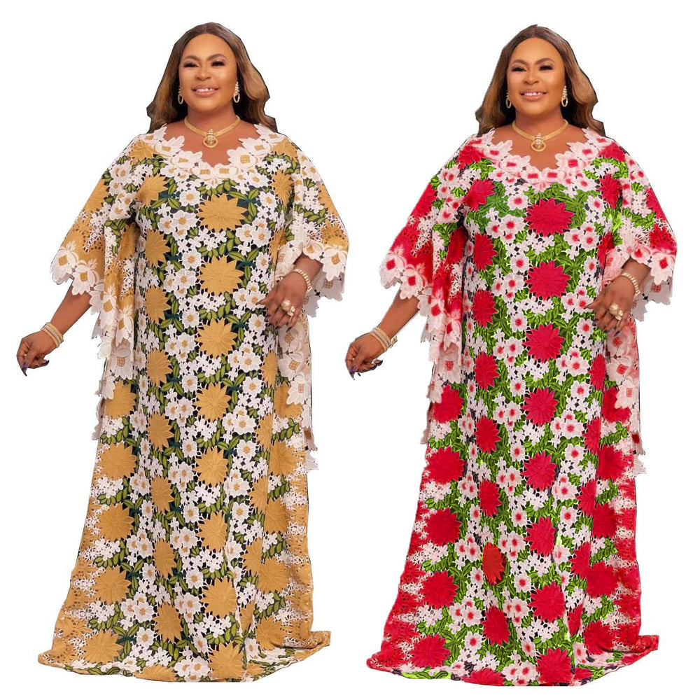 supply plus size women's lace cut outembroiderlace bat sleeve floor-length skirt