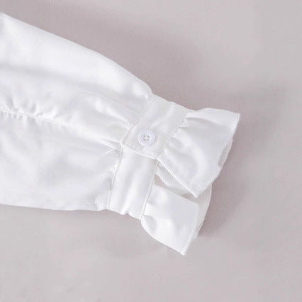 Girls' fashionable and elegant sweet ruffle design faux two-piece button-down shirt + matching skirt two-piece set