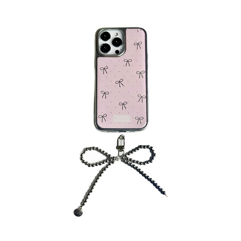 Bowknot pink iphone 16 pro max electroplated phone case, apple 15 silver edge epoxy 14 protective cover