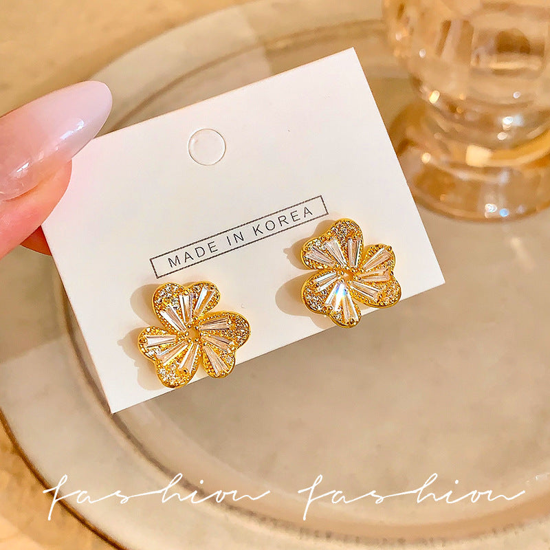 S925 sterling silver needle zircon clover flower earrings - women's luxury, high-end, unique, and elegant stud earrings