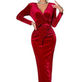 cross-border fashionable red dress for women, autumn/winter v-neck evening gown, velvet midi dress, summer style