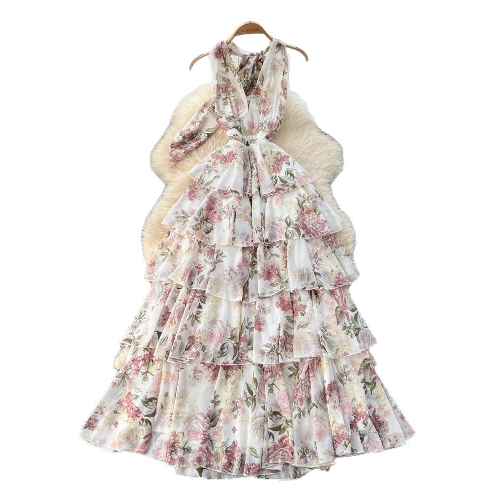 Romantic holiday floral halter dress - women's summer sleeveless tie-waist, figure-flattering, ruffle hem maxi dress