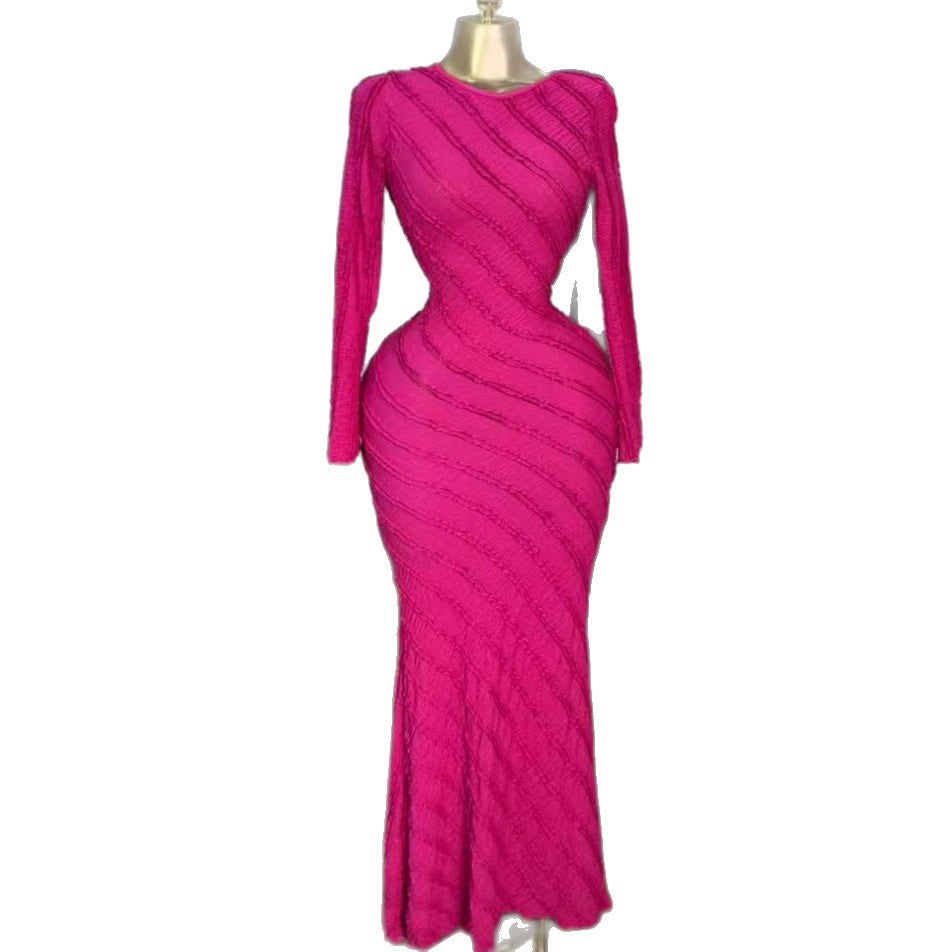 European and american women's clothing  summer new arrivals: sweet and fresh round neck long sleeve high waist slimming midi dress