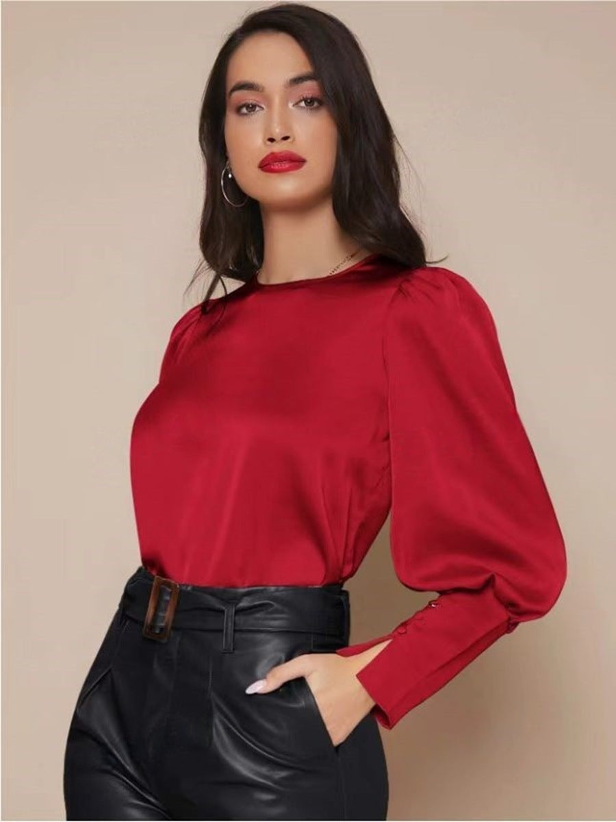 long-sleeved satin shirt for women spring and summer export independent station lantern sleeve satin shirt tops
