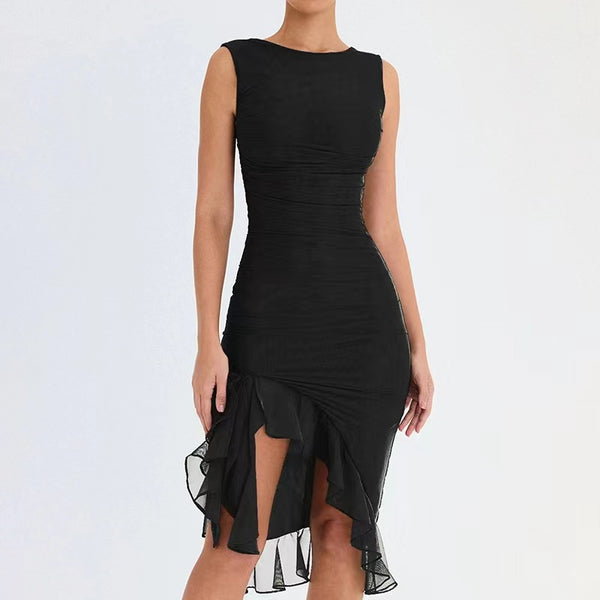 Foreign trade Europe and the United States hot-selling spring and summer women's clothing round neck sleeveless tight skirt mesh yarn slim backless pleated dress
