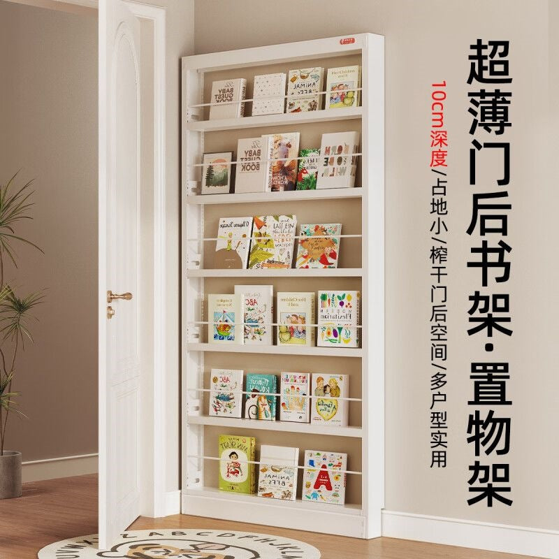 Behind-the-door bookshelf, ultra-slim over-the-door organizer, steel kids' storage rack for picture books, home wall bookshelf