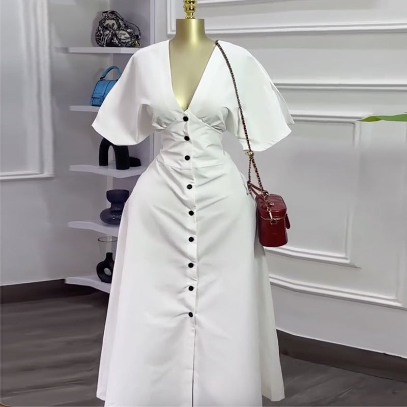 European and american cross-border women's fashion:  spring new arrival - stylish v-neck button-down waist-defining white short-sleeve midi dress