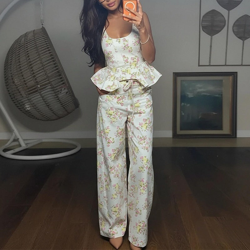 women's summer new arrivals:  cross-border fashion printed ruffle trim cami casual set (us/eu style)